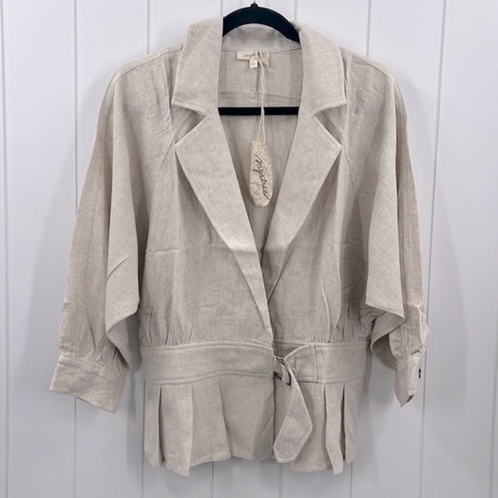 🆕Mystree Linen Blend Blazer Jacket Dolman Sleeve Wrap Belted Detail Flax Color